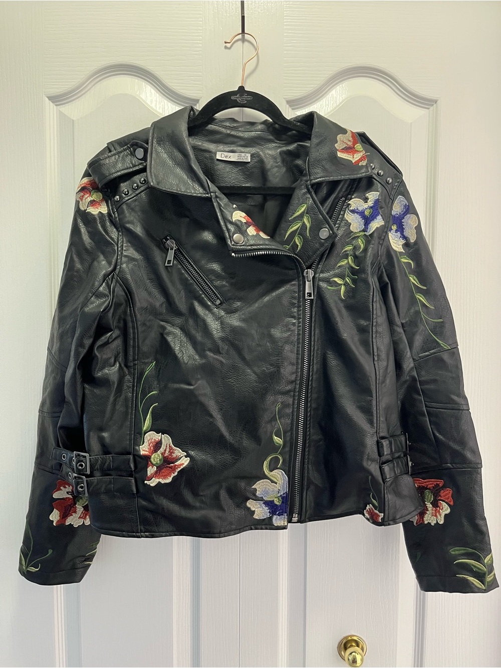 Dex Black Faux Leather Floral Embroidered Moto Jacket